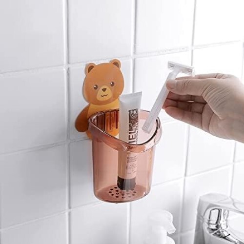 Amz Deals Teddy Bear Tooth Brush Holder for Bathroom Wall Mounted Self-Adhesive Tooth Paste Brush Stand for Wash Basin Plastic (Multicolor) (Pack of 2)