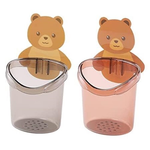 Amz Deals Teddy Bear Tooth Brush Holder for Bathroom Wall Mounted Self-Adhesive Tooth Paste Brush Stand for Wash Basin Plastic (Multicolor) (Pack of 2)