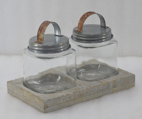 Set of 2 Glass Jar With Wooden Tray