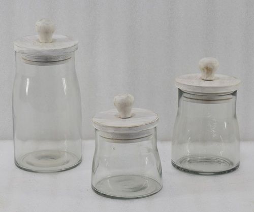 Set of 3 Glass Jar With Wooden White Washed Lid