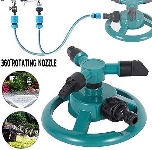 Roll over image to zoom in        PAGALY Automatic 360 A  Rotating Adjustable Round 3 Arm Lawn Water Sprinkler for Watering Garden Hose Irrigation Yard Water Sprayer Green (Pack 1)