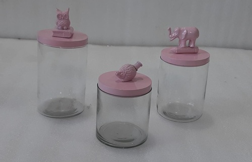 6 Inch Set of 3 Glass Jar With Pink Lid