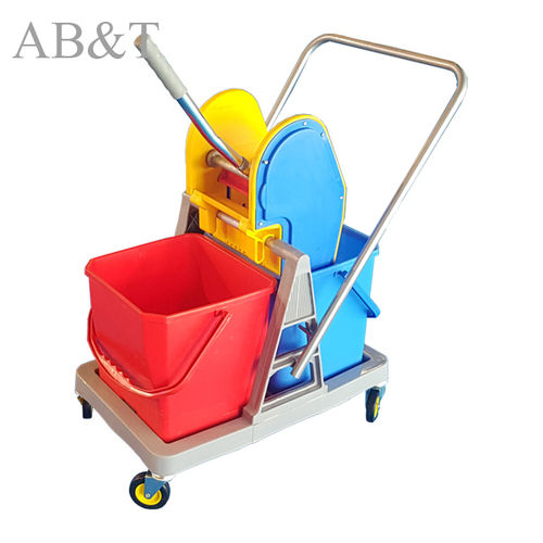 Double Bucket Wringer Trolley - 34 Liters, Gray and Yellow Plastic Design | Hygienic Cleaning for Hotels, Hospitals, and Food Malls