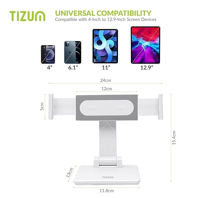 tizum Multipurpose Tablet & Mobile Holder for All Smartphones, Tabs, Kindle, ipad Mobile Holding Tabletop Stand, Foldable Design with 360 Angle & Height Adjustment, Anti-Skid Silicone Pads