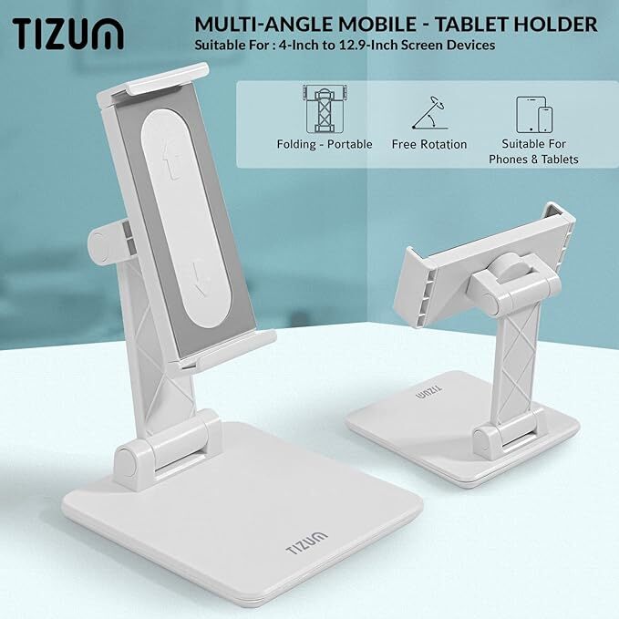 tizum Multipurpose Tablet & Mobile Holder for All Smartphones, Tabs, Kindle, ipad Mobile Holding Tabletop Stand, Foldable Design with 360 Angle & Height Adjustment, Anti-Skid Silicone Pads