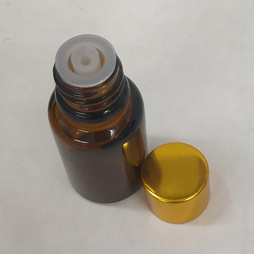 Amber Glass Bottle - 10 Milliliters, Round Shape with Engraved Surface, Golden Cap and Nozzle Plug for Chemical and Pharmaceutical Use, Easy Open End, Warranty Included