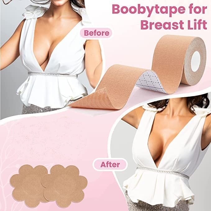 SKYLACE Boob Tape Kit Combo (Boob Tape Roll Pack of 01 (2 x 16 FT), Silicone Nipple Cover Reusable Pack of 01 (02 Pcs