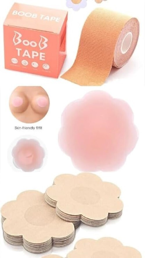 SKYLACE Boob Tape Kit Combo (Boob Tape Roll Pack of 01 (2 x 16 FT), Silicone Nipple Cover Reusable Pack of 01 (02 Pcs