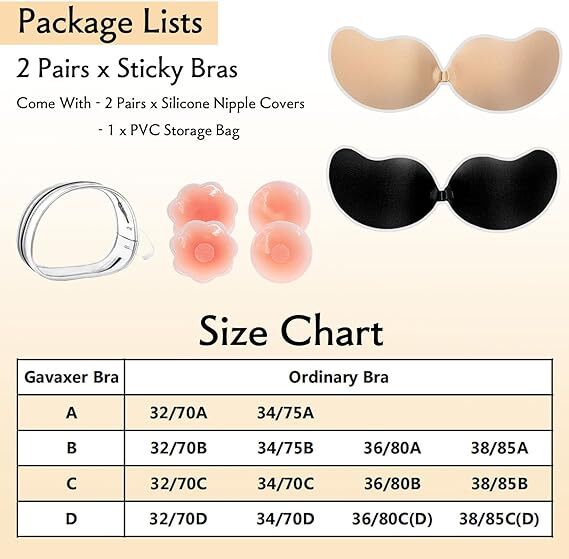 2 Pairs Sticky Bra Push Up Adhesive Bra Breast Lift Bra Backless Strapless Bra Reusable Strapless Bras for Women