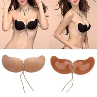 UJEAVETTE Silicone Adhesive Stick Push Up Strapless Invisible Backless Bra C Black