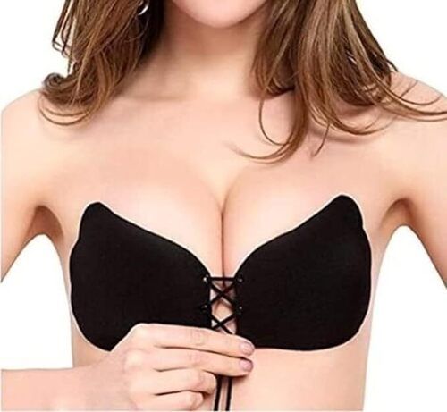 Supple 360 New Women's Silicone Wired Stick-on Bra Invisible Sticky Bra Strapless Silicone Gel Self Backless Adhesive Bra For Women Invisible Push Up Design Bra (Black-free Size Bra)