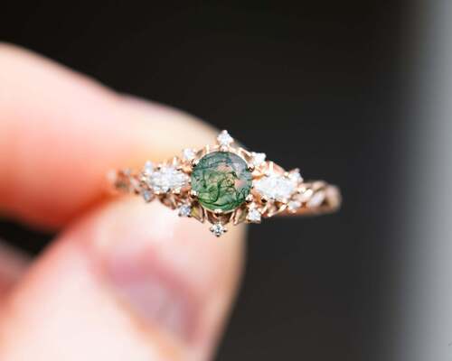 Round Lab Grown Diamond Briar Rose Three Stone With MOSS AGATE, Diamond Ring