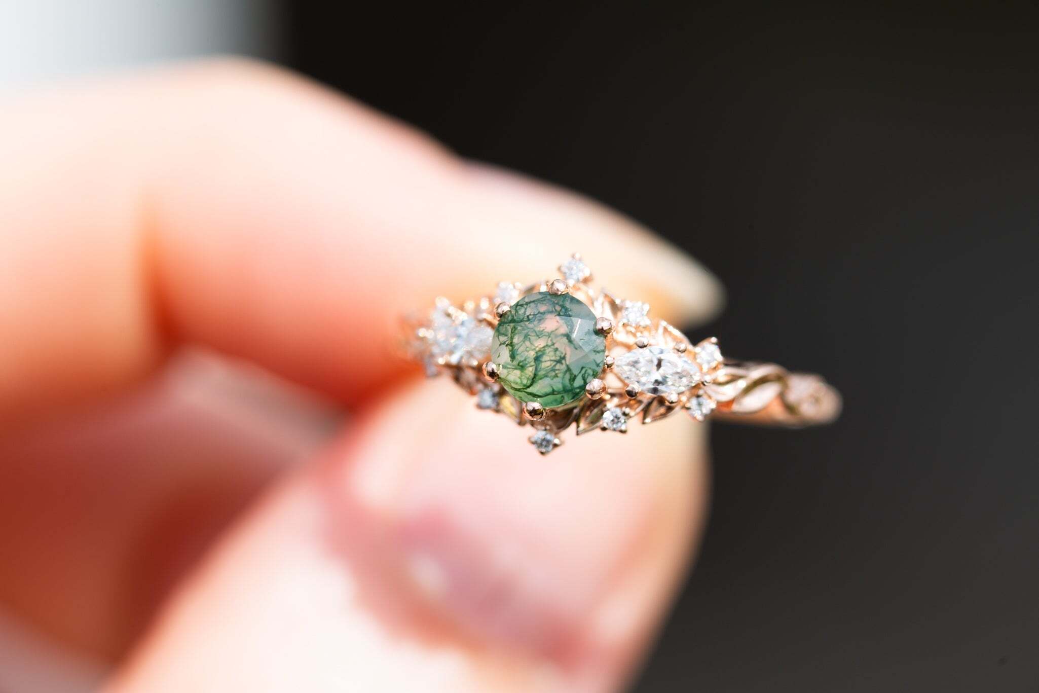 Round Lab Grown Diamond Briar Rose Three Stone With MOSS AGATE, Diamond Ring