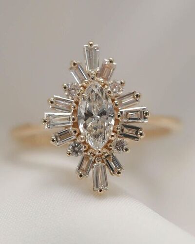 Baguette and Round Starburst Halo Wedding Ring 1 CT Marquise Cut Lab Grown Engagement Ring