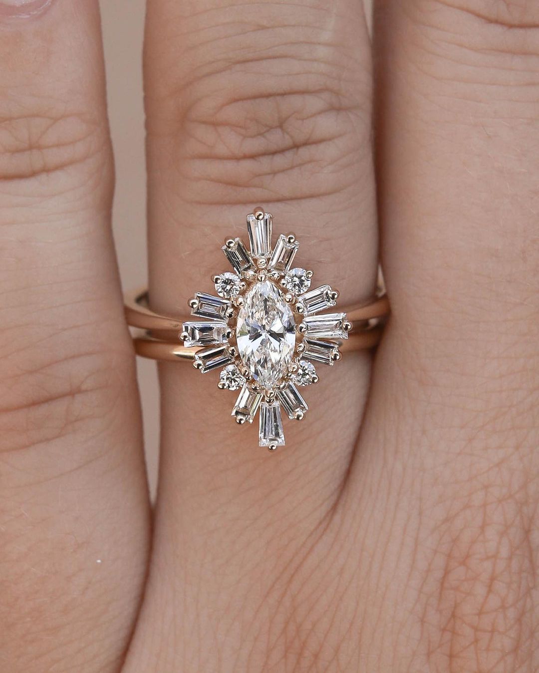 Baguette and Round Starburst Halo Wedding Ring 1 CT Marquise Cut Lab Grown Engagement Ring