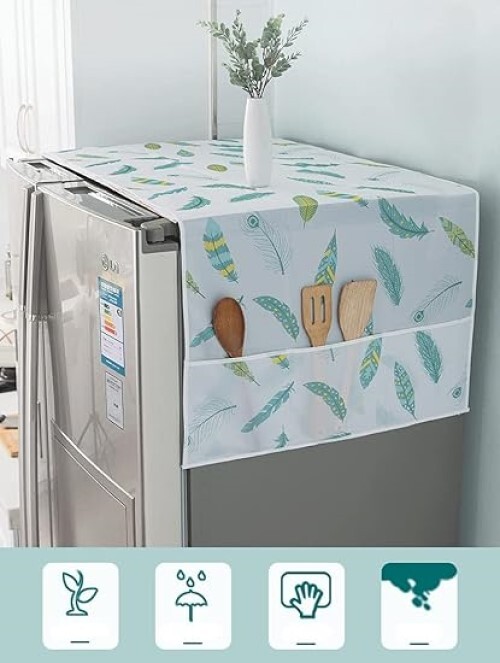 Refrigerator Fridge Dust-Proof Cover Washing Machine Cover PEVA Material Waterproof Cover with Storage Pockets Bags Fridge Dust Cover Oven Cover Multi-Purpose Top Covers