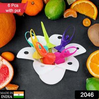 Dancing Doll Fruit Fork Cutlery Set With Stand Set Of 6 - Abs Plastic, 9x9x9 Cm, Multicolored | Stainless Steel Prongs, Reusable, Decorative Design