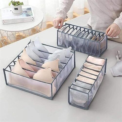 UNIQUE CART 3 Set Closet Underwear Organizer, Foldable Women Underwear Storage Box Compartment, Underwear Drawer Organizer Divider for Bra Socks Ties (Grey)