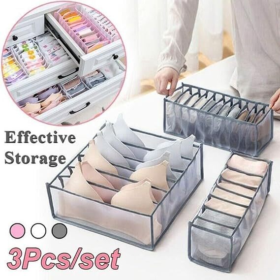 UNIQUE CART 3 Set Closet Underwear Organizer, Foldable Women Underwear Storage Box Compartment, Underwear Drawer Organizer Divider for Bra Socks Ties (Grey)