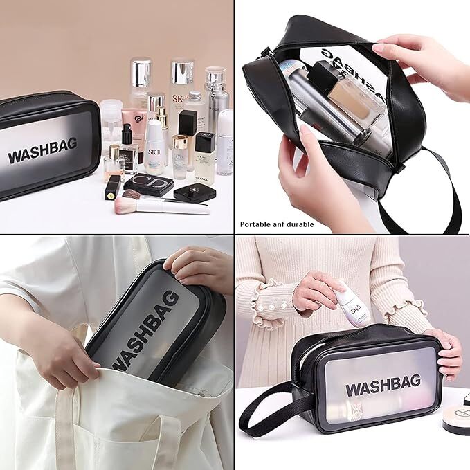 JAGDIV Clear Toiletry Bags, Makeup Pouch Bag Travel Transparent Cosmetic Bag Zipper Wash Bag with Handle Household Grooming Kit Portable Organizer Case Carry Pouch for Women and Men (Small, Black)