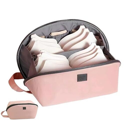 Travel Underwear Organizer Bag, Portable Bra and Lingerie Storage Pouch with Liner, Large Packing Cube for Underwear, Socks, Cosmetic, and More - Ideal for Travel and Home Use (Pink)