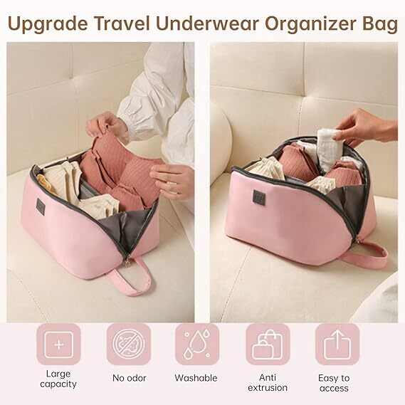 Travel Underwear Organizer Bag, Portable Bra and Lingerie Storage Pouch with Liner, Large Packing Cube for Underwear, Socks, Cosmetic, and More - Ideal for Travel and Home Use (Pink)