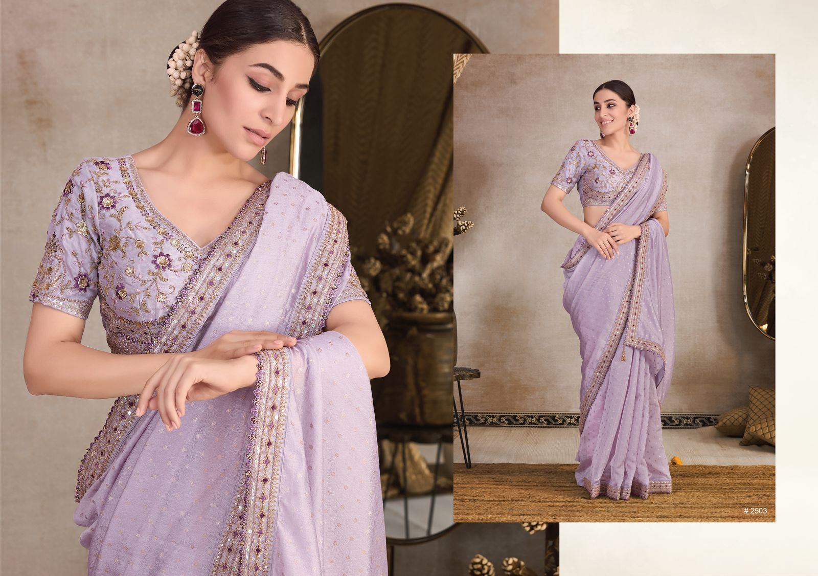 Organza self jacquard with butti jacquard.