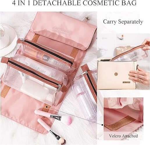 LumiSyne 4 In 1 Detachable Toiletry Bag Hanging Roll-Up Makeup Bag Large Capacity Travel Wash Bag Mesh Cosmetic Bag Portable Foldable Toiletry Bag Waterproof Cosmetic Organizer Bag For Travel Daily