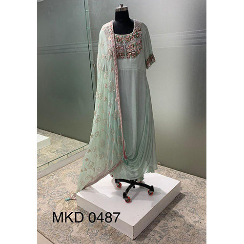 Indian Mks-0487 Floral Pearl Cutdana Sequins And Thread Work Draped Shirt With Dupatta