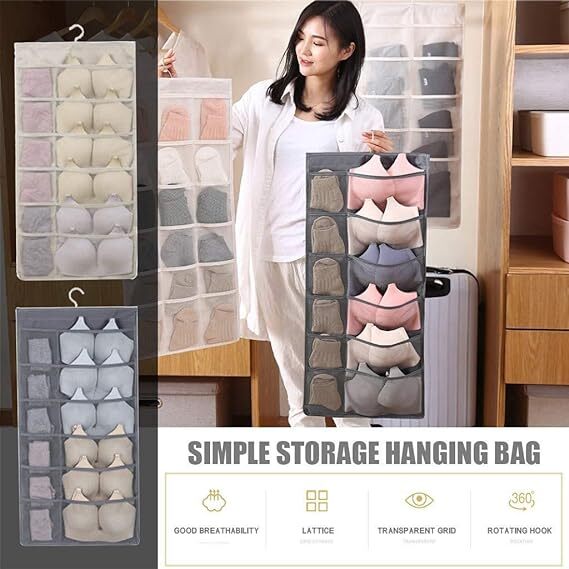 Mitsico Fabric Brass Finish Double Sided 30 Mitsico Pockets Clear Hanging Bag Socks Bra Underwear Rack Hanger