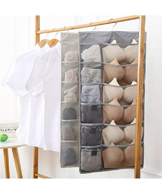 Mitsico Fabric Brass Finish Double Sided 30 Mitsico Pockets Clear Hanging Bag Socks Bra Underwear Rack Hanger