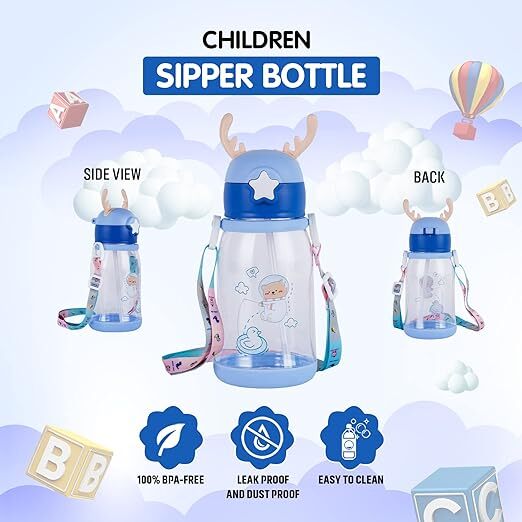 Mitsico Water Bottle for Kids, Cute Design Water Bottle with Sipper, Sipper Bottle for Kids -Anti-Leak Kids Cartoon Water Bottle for Kids - 600M (Blue)