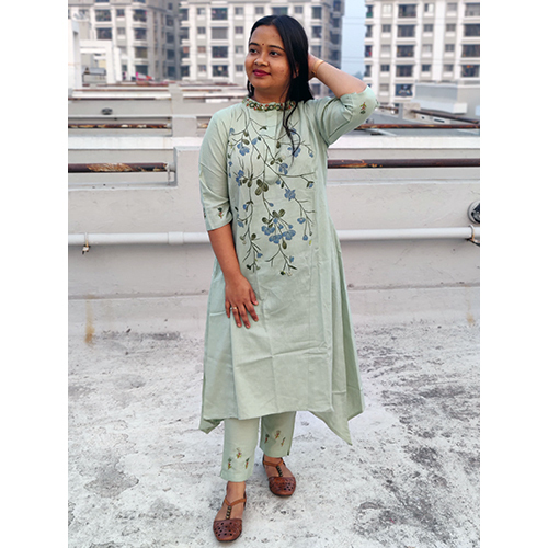 Mint Green Hand Paint And Hand Embroidery Kurti Pant Set