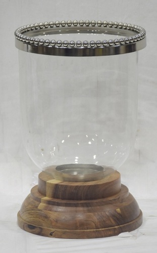 10 Inch Glass Hurricane With Wooden Stand