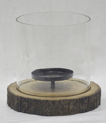 Glass Hurricane With Wood Stand Bark