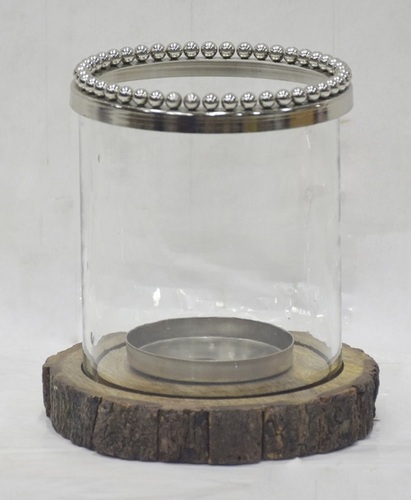 Glass Hurricane Lamp With Wood Bark