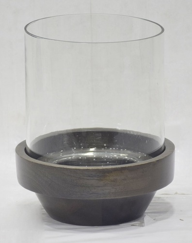 8 Inch Glass Hurricane With Wood Stand