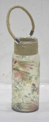 12 Inch Glass Printed Hurricane With Jute Handle
