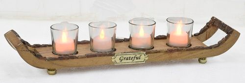 Glass HurrIcane Lamp Set With Wooden Bark Tray