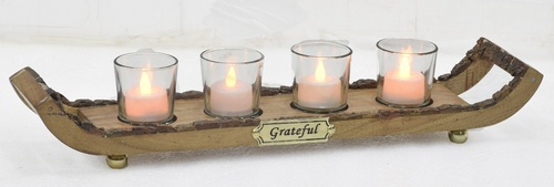 Glass HurrIcane Lamp Set With Wooden Bark Tray