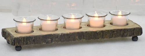 Glass Hurricane Lamp With Wooden Bark Base