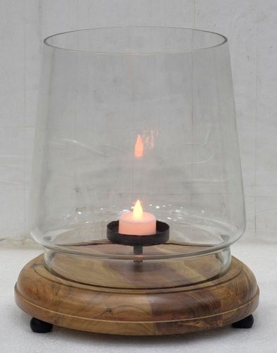 10 Inch Glass Hurricane lamp With Wooden Base