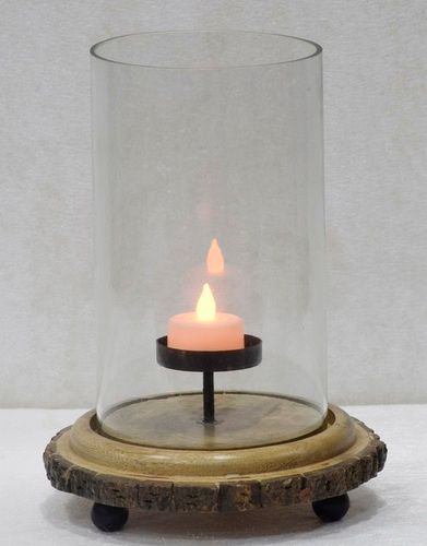 8 Inch Glass Hurricane Lamp With Wood Stand