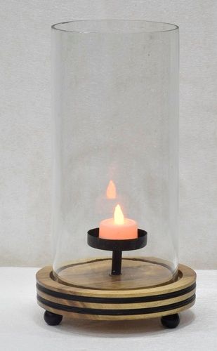 10 Inch Glass Hurricane Lamp With Wood Stand