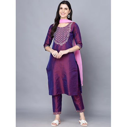 Different Available Ladies Yoke Design Round Neck Kurta With Trousers And Dupatta