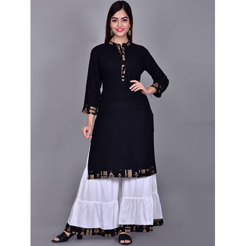 Different Available Ethnic Motifs Yoke Design Mandarin Collar Straight Kurta With Sharara