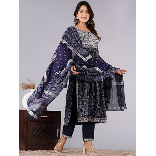 Floral Printed Round Neck Regular Thread Work Kurta With Trousers And Dupatta