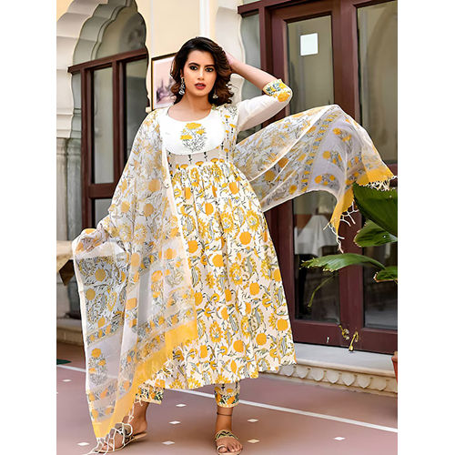 Different Available Floral Printed Round Neck Regular Thread Work Kurta With Trousers And Dupatta