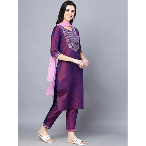 Ladies Yoke Design Round Neck Kurta With Trousers And Dupatta