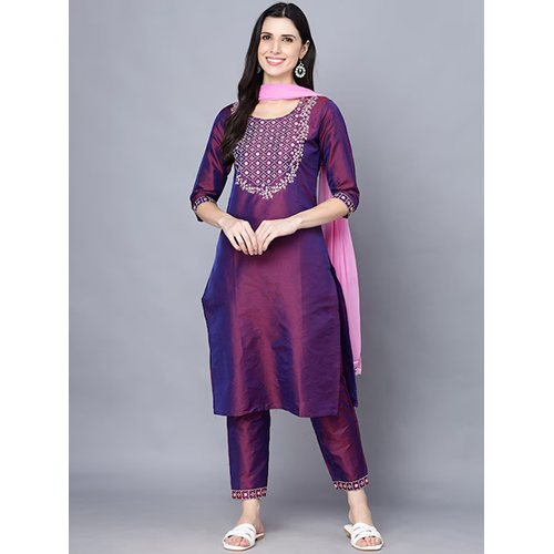 Ladies Yoke Design Round Neck Kurta With Trousers And Dupatta